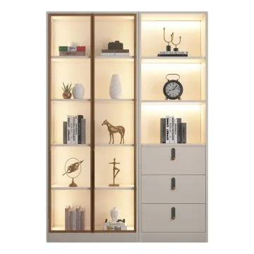 Side Dining Cupboard with Glass Door and Bookshelves - Living Room Storage Cabinet with Drawer