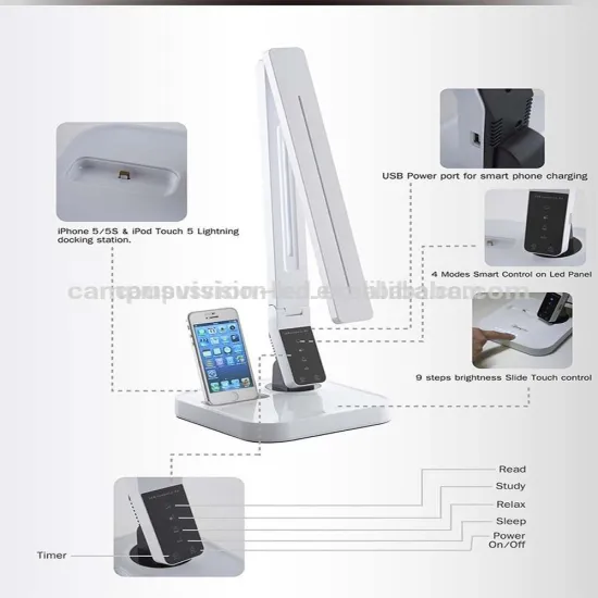 2015 European innovative portable rechargeable table lamps with IPHONE6/PLUS charger docking station for Hotel