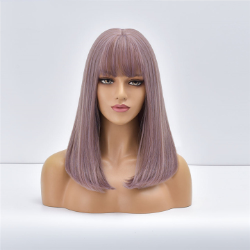 Heat Resistant Synthetic Non Lace Wig with Bangs, 18 Inches Straight Ash Purple Color