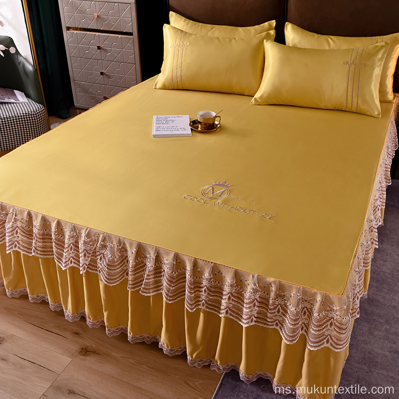 Set Tempat Tidur Mewah Microfiber Warna Pepejal Skirt Katil