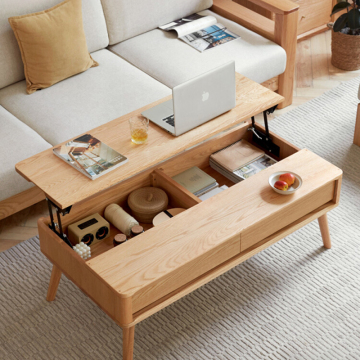 Nordic Oak Coffee Table: Modern Minimalist Solid Wood Lifting Table for Small Apartments
