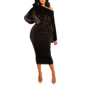 Frauen Velvet Long Sleeve Midi Kleid