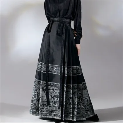 2024 Chinese Style Dian Cui Printed Horse Face Skirt Han Fu Pleated Half Skirt