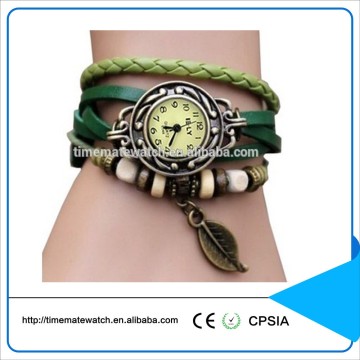 Korea Fashion Women Leather Watch Retro Alloy Leaf Leather Bracelet Watch
