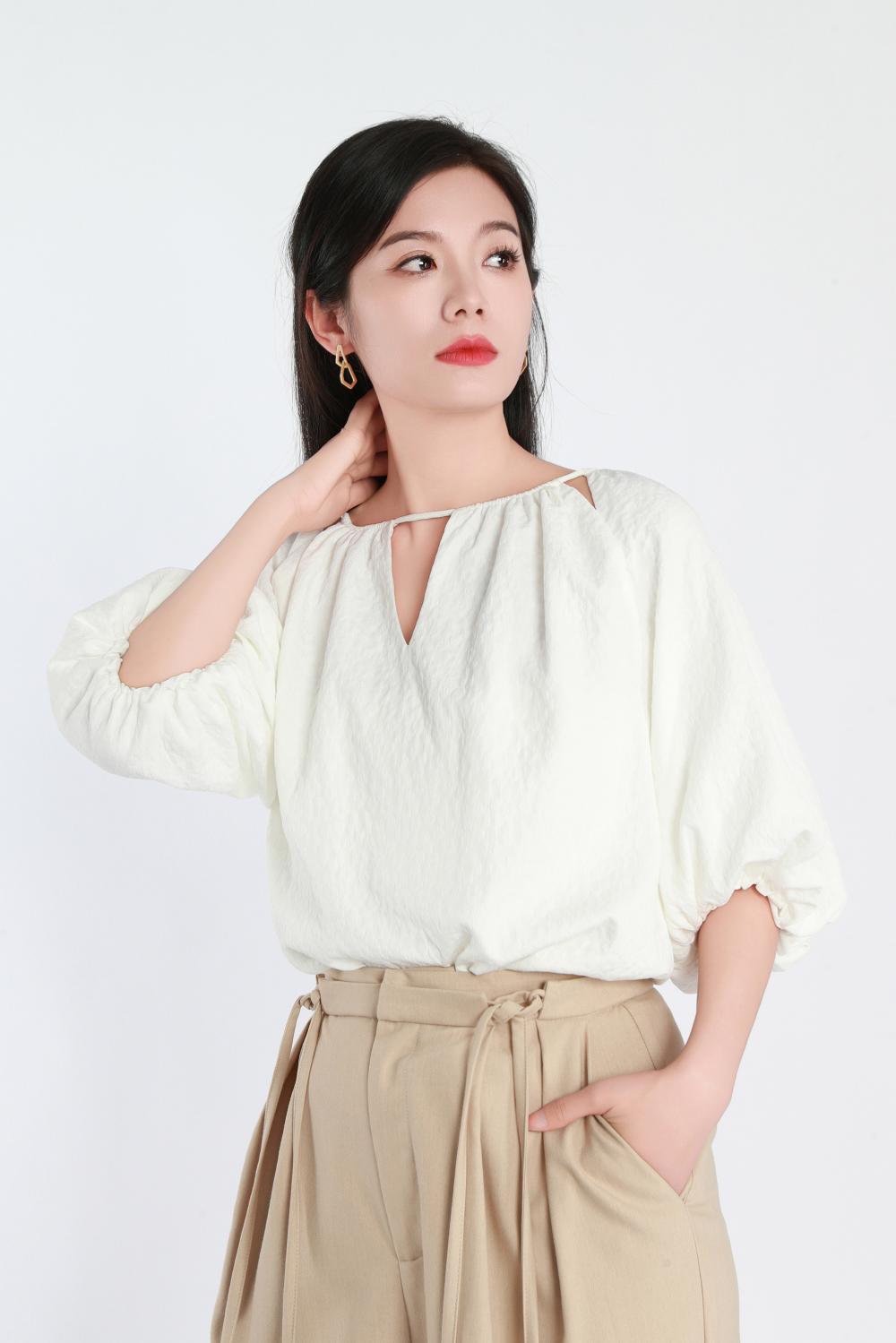 Crew-Neck Woven Short-Sleeved Top