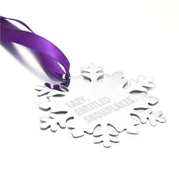 Custom Stainless Steel Snowflake Ornament with Purple Ribbon and White Ink Text
