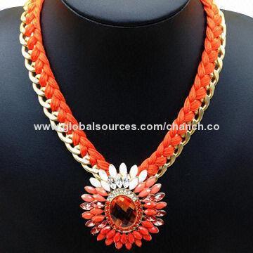 Hot Selling Necklace with Orange Yarn Enwind, Decorated with Acrylic Beads and Rhinestones