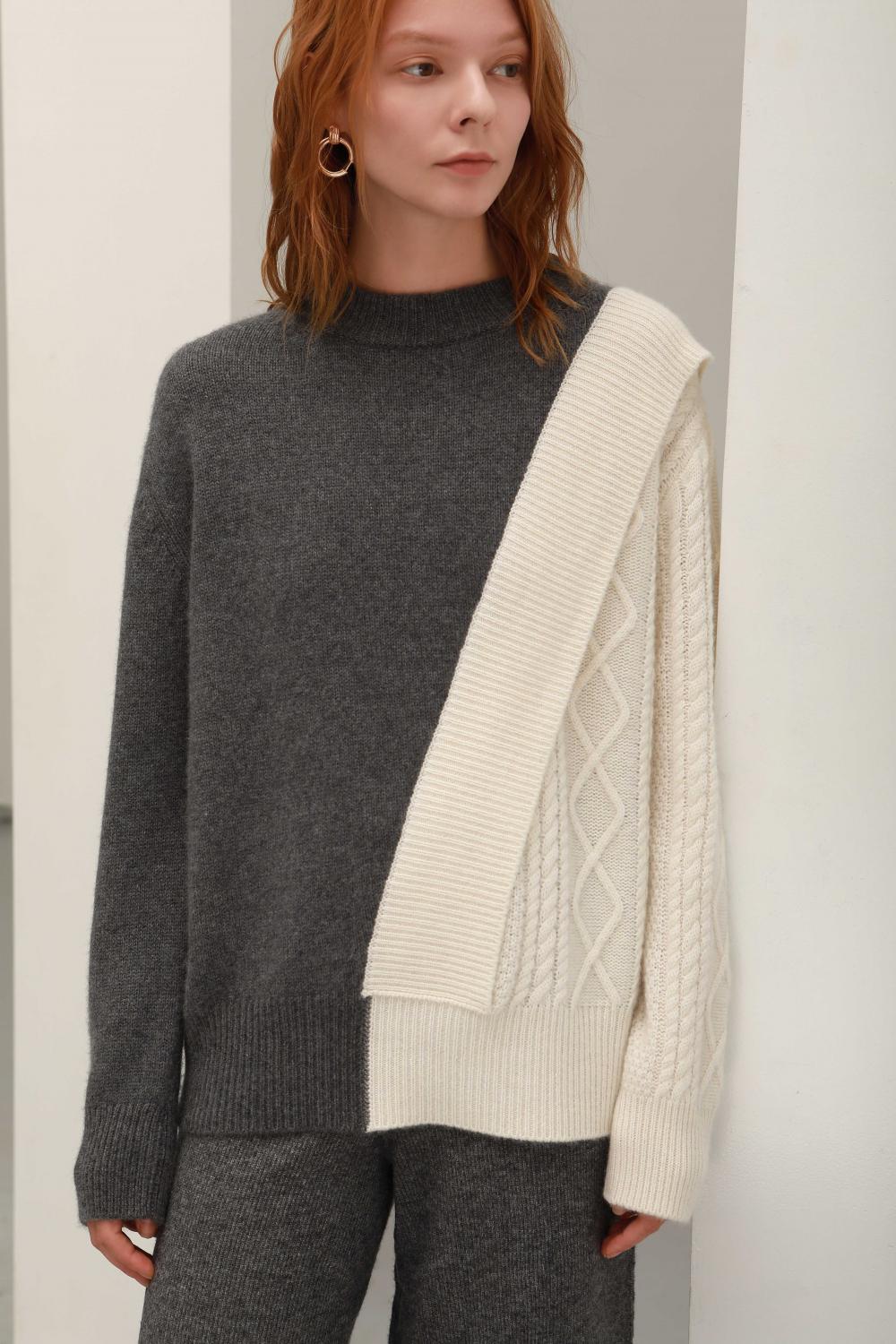 Crewneck grey and white cashmere knit pullover