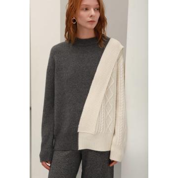 Pull col rond en maille cachemire gris et blanc