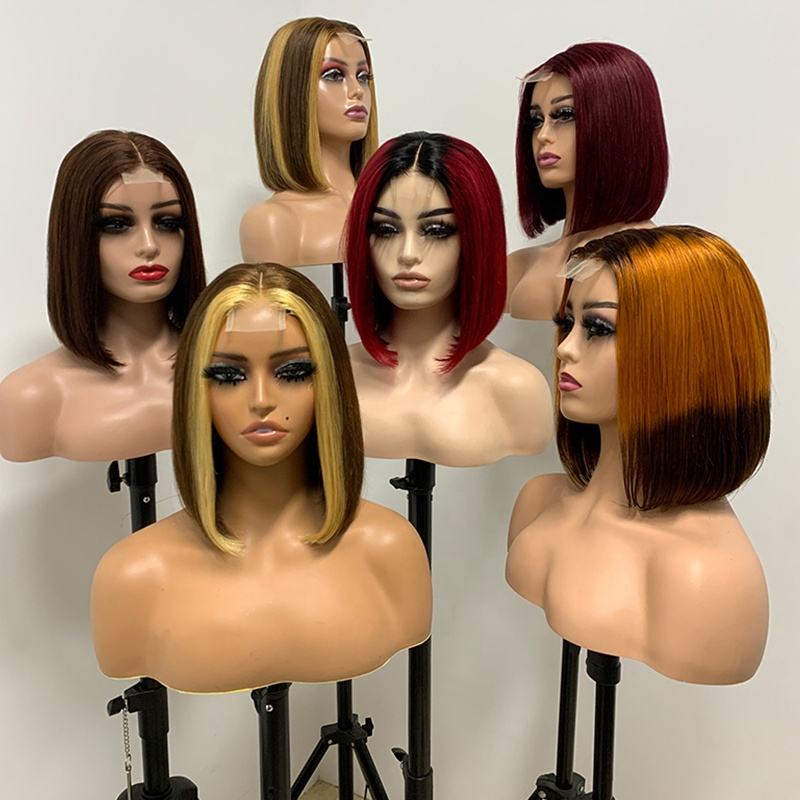 Cabelo da cutícula virgem Alinhada Double desenhado Bob reto peruca com 2*6 Kim Fechamento 100% Human Human Lace Front Wigs para mulheres negras