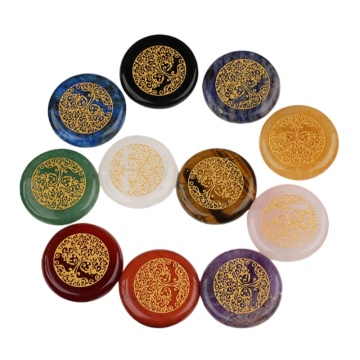 Gemstone 25MM Disc Handmade Carved Gold Pattern- Life of Tree Crystal Engraved Tree of Life Round Stone Ornament Home Decor