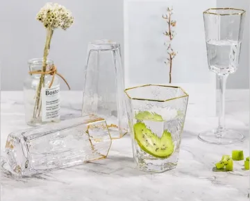 Hexagonal drinking glasses cup set with gold rim
