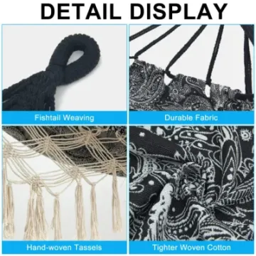 Large Black White Woven Cotton Fabric Carry Bag Portable Hammock with Tassel