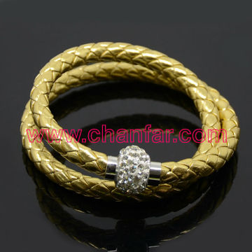 Gold Color Double Wrap Leather Bracelet With Magnetic Clasp Hot Sale