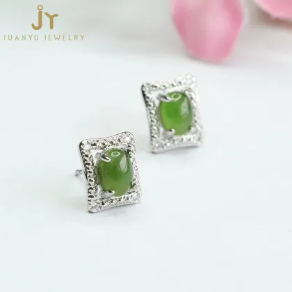Square Jasper and Hetian Jade Sterling Silver Earrings: Precious Gemstone Jewelry