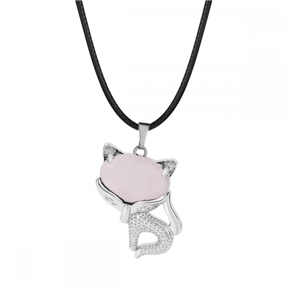 Rose Quartz Luck Fox Collier pour femmes hommes Guérisse Énergie Crystal Amulet Animal Pendant Gemstone bijoux