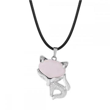 Rose Quartz Luck Fox Necklace for Women Men Healing Energy Crystal Amulet Animal Pendant Gemstone Jewelry Gifts