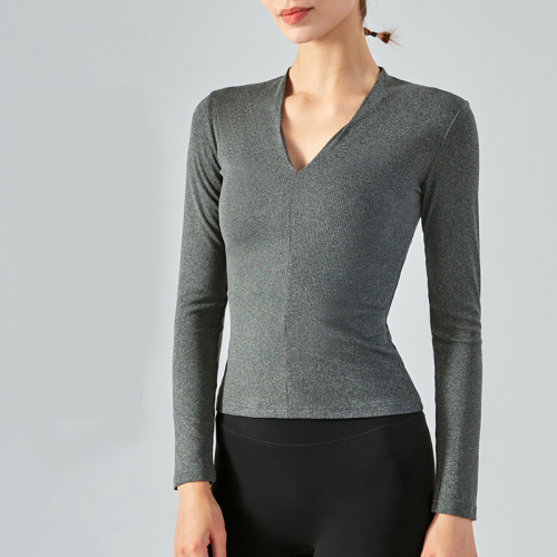 Pleated V-neck riding top high elastic long sleeve