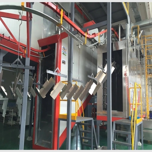 Powder coating line for metal surfaces