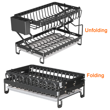 Foldable 2-Tier Dish Drying Rack: A Space-Saving Kitchen Organizer with Drainboard and Storage Holders