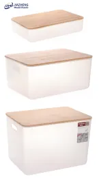 White Storage Box Plastic Container With Bamboo Lid