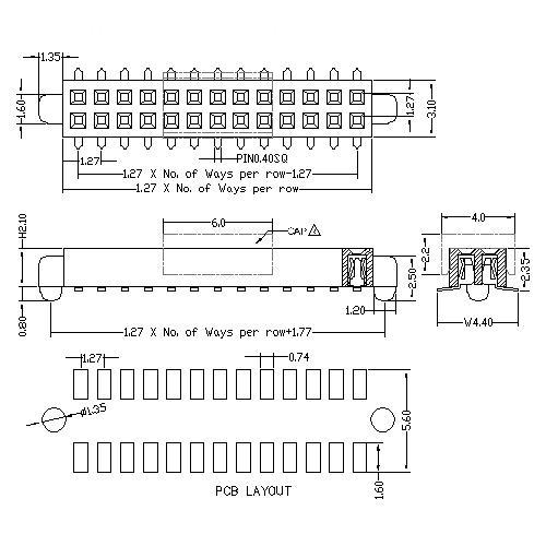 1.27 mm Female Header Dual Row SMT Type With Outside Post