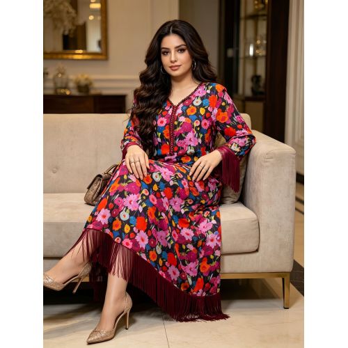 Ubax Print Fringe Casual Maxi Lebbiska
