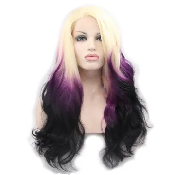 synthetic ombre blonde to purple black color wig, synthetic lace front wavy wig blonde beyonce