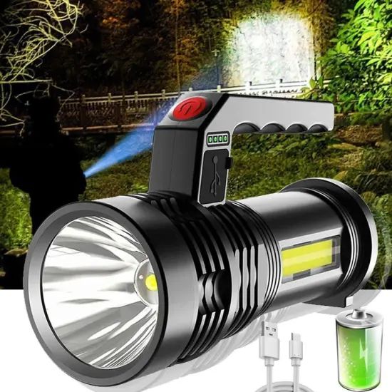 Portable Super Bright USB Rechargeable LED Flashlight with COB Technology and Searchlight Function