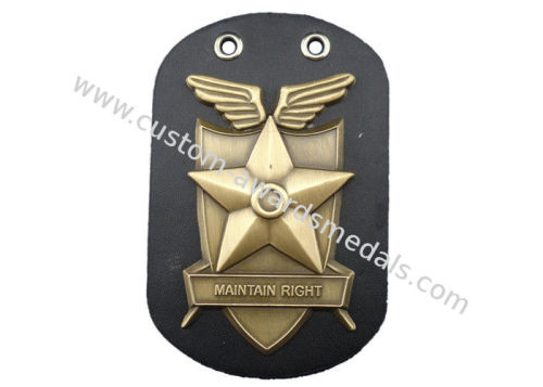 Promotional Gift Maintain Right Leather  Badge, Personalized Keychains With Antique Gold Plating And Ball Chain