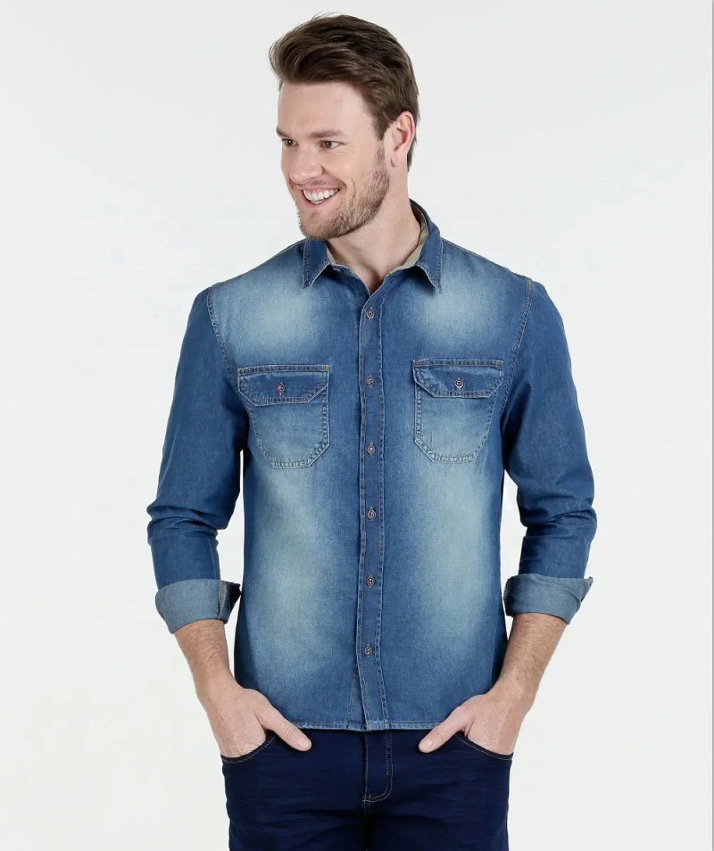 Camicia causale in denim a maniche lunghe da uomo su misura