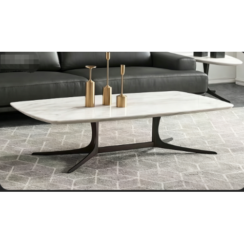 Mesa de centro de metal preto com tampo de pedra sinterizada