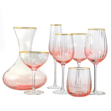 Wholesale Handmade Luxury Crystal Ribbed Wine Glasses - Vintage Pink with Gold Rim