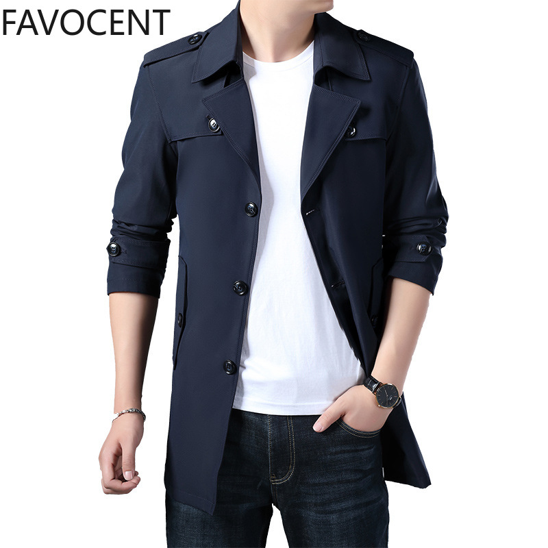 Mens Trench Long Coat Fashion Male Solid Color Casual Mens Trench Coat Jacket Spring Autumn Overcoat Military Turn-down Collar