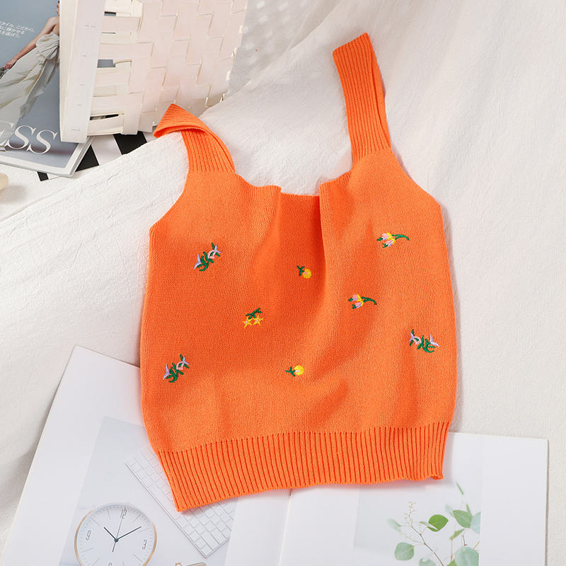 Pearl Diary Knitted Tank Tops Summer Floral Embroidery Crop Top Sleeveless Short Tank Top Femme Knitting Sweet Short Crop Top