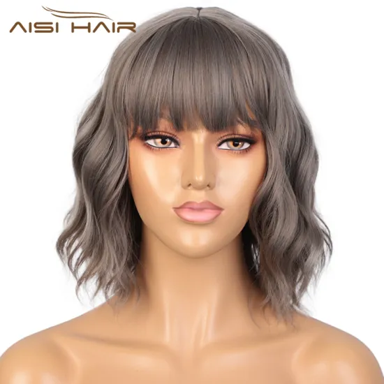 Aisi Hair Short Wavy Short Bob Gray Wig With Neat Bangs Body Wave Wig Heat Resistant Synthetic Fiber Wigs For Black White Women
