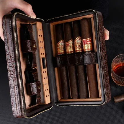 Portable Wood Cigar Humidor Box - Travel Leather Cigar Case for 4 Cigars