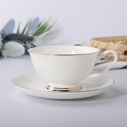China Supplier Wholesale Bone China Gold Rim Tea Cup and Saucer Set, White Porcelain Coffee Cup and Saucer Set