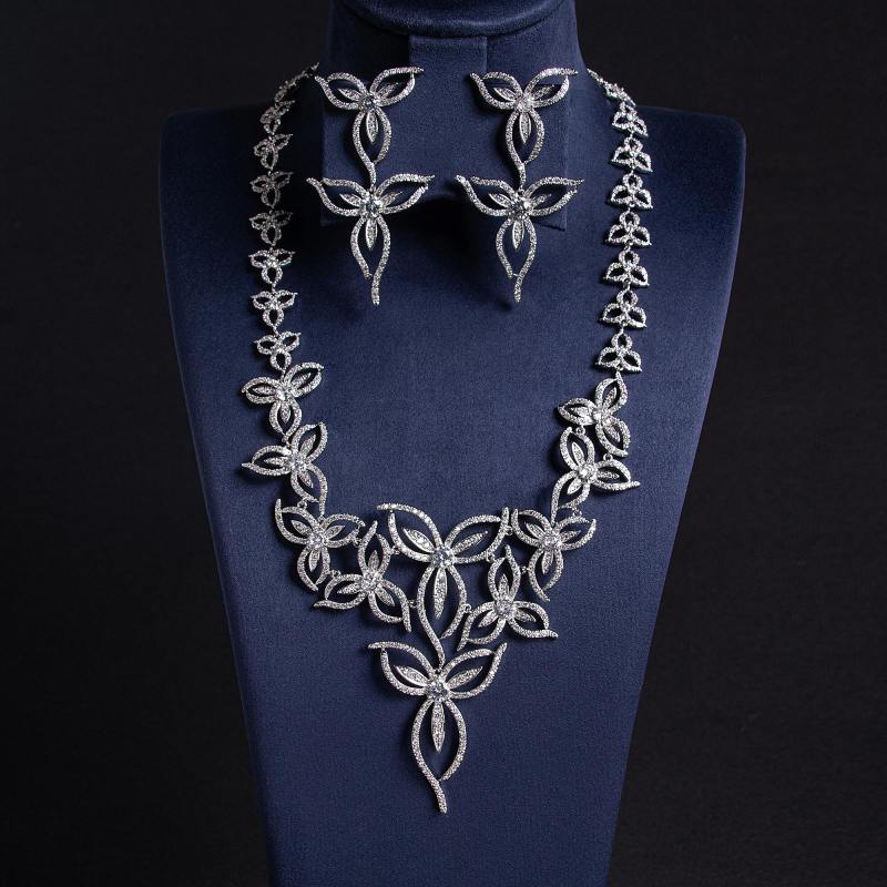 Openwork Floral Vine CZ Bridal Necklace Earring Set