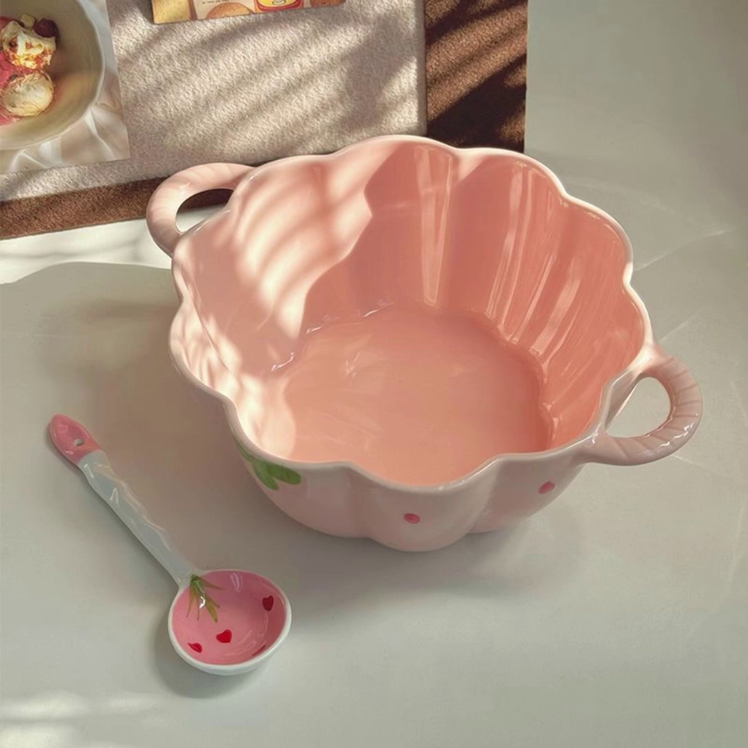Cute Ceramic Double Ears Strawberry Petal Bowl
