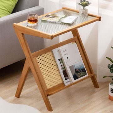 90 Small Coffee Mini Side Tables: Rattan, Glass Shelf for Living Room and Bedroom