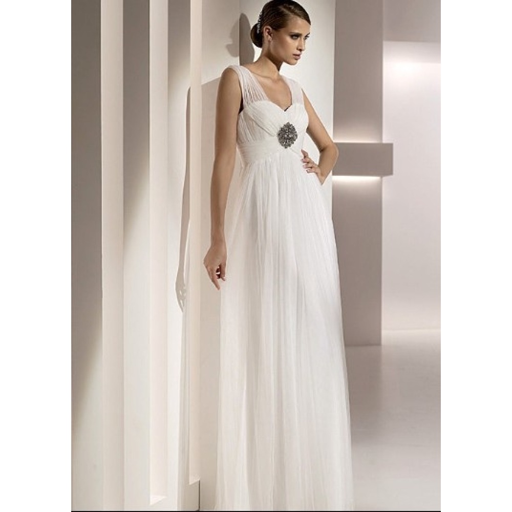 Empire Sheath Column Sweetheart Straps Floor-length Tulle Beading Draped Wedding Dress