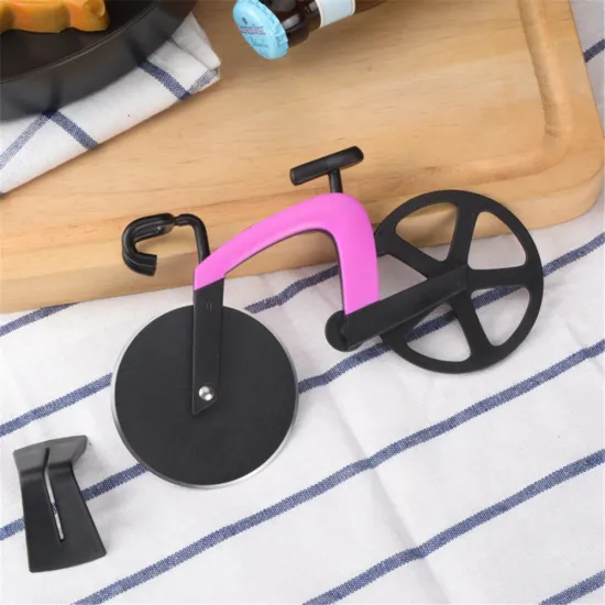 latest products in kitchen novelty stainless steel bicycle rolling wheel pizza cutter slicer with kickstand