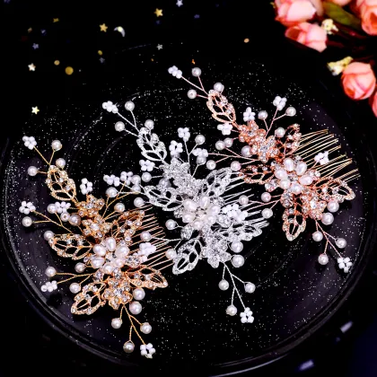 Bridal Crystal Pearl Gold Leaf Princess Headband Crown