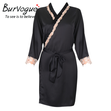 Burvogue Women Lounge Satin Robe Sleepwear Long Sleeve Kimono Robes Lace Nightgowns Wholesale