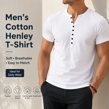 Men's Short Sleeve Henley Shirt T-Shirt