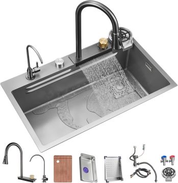 Modern Gray Stainless Steel Square Kitchen Sink with Waterfall and Fly Spray Functions
