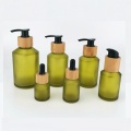 Frosted Green Empty Glass Bottles Lotion Pump Bamboo