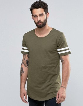 2016 High Quality Custom Striped Short Sleeve Scoop Neck Curved Hem Green Mens 100% Cotton Breathable Casual Plain T-Shirt