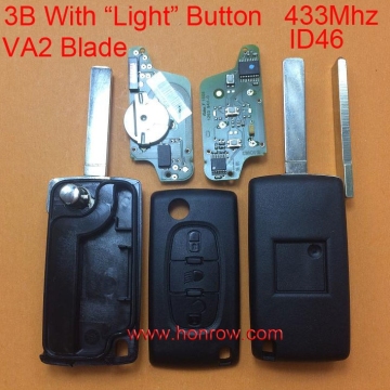 Good price and New Original Peugeot FSK 3 button flip remote key with VA2 307 blade (With Light button) 433Mhz ID46 Chip